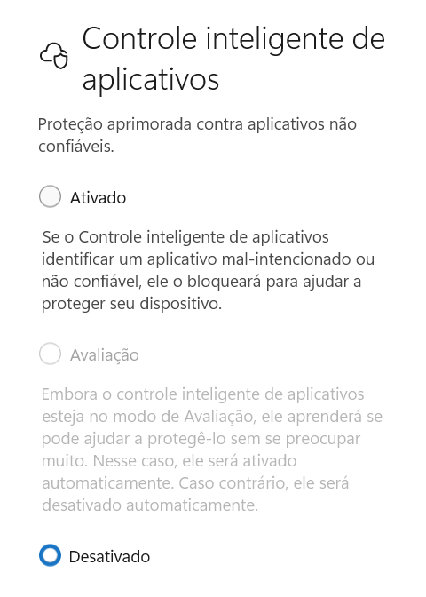Controle Inteligente de Aplicativos com a opção Desativado selecionada