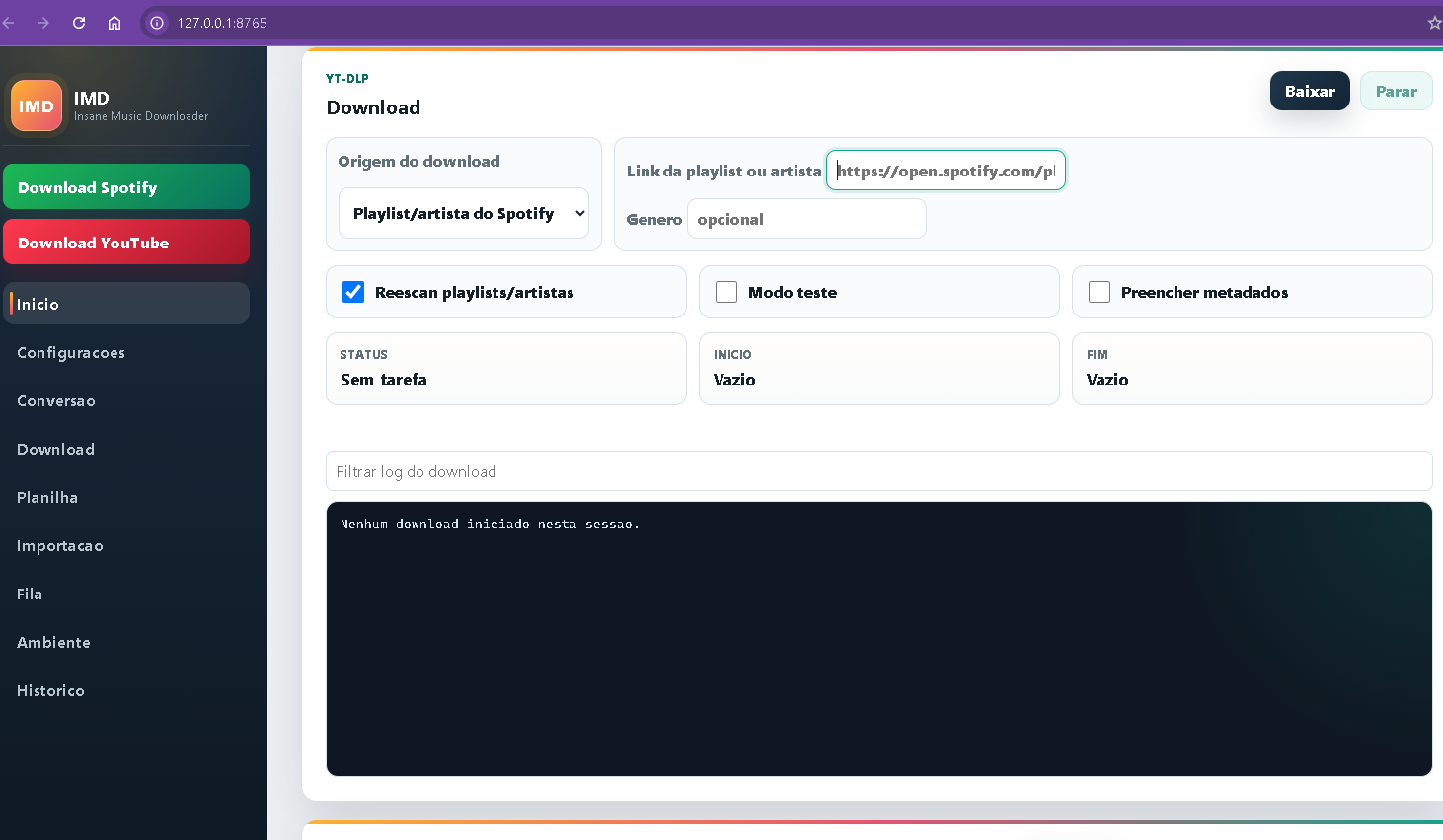 Painel local do IMD aberto no navegador com opcoes de download