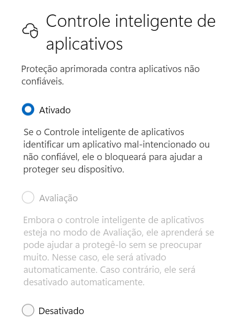 Controle Inteligente de Aplicativos com a opção Ativado selecionada