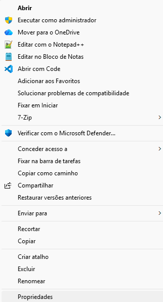 Menu classico do Windows com a opcao Propriedades