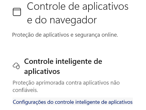 Seção Controle Inteligente de Aplicativos na Segurança do Windows