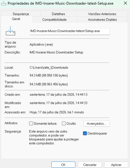 Janela de propriedades do Setup.exe com a opcao Desbloquear marcada