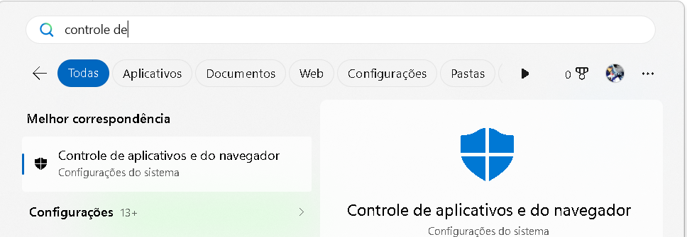 Pesquisa do Windows mostrando Controle de aplicativos e do navegador