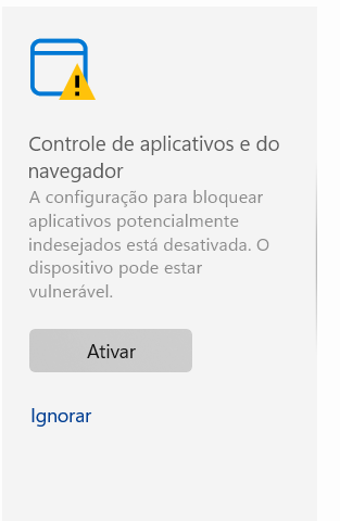 Cartão Controle de aplicativos e do navegador na Segurança do Windows